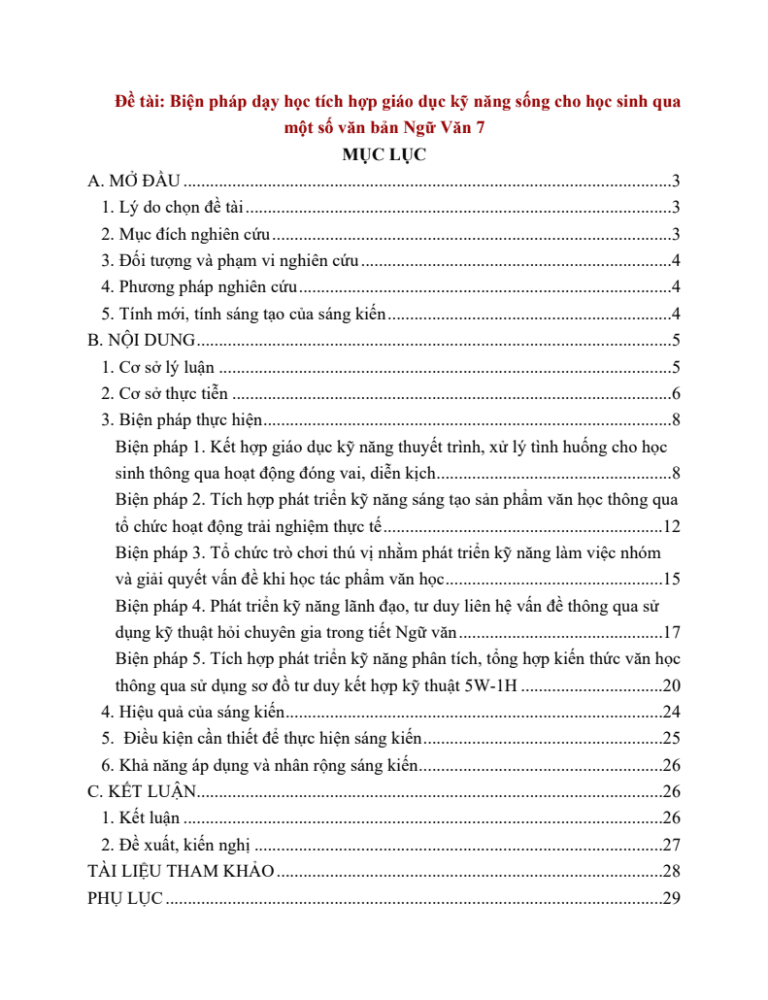 Biện pháp dạy học tích hợp giáo dục kỹ năng sống cho học sinh qua một số văn bản Ngữ Văn 7