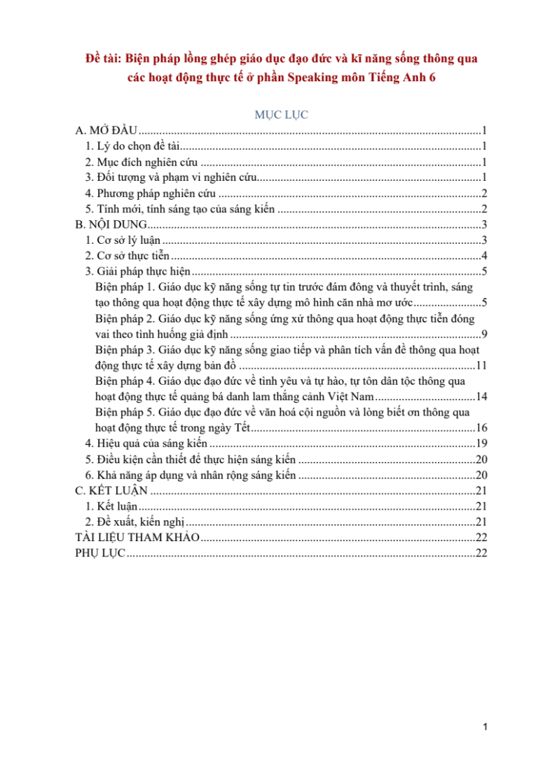 Biện pháp lồng ghép giáo dục đạo đức và kĩ năng sống thông qua các hoạt động thực tế ở phần Speaking môn Tiếng Anh 6 (Global success/I-learn smart world/Friend plus)