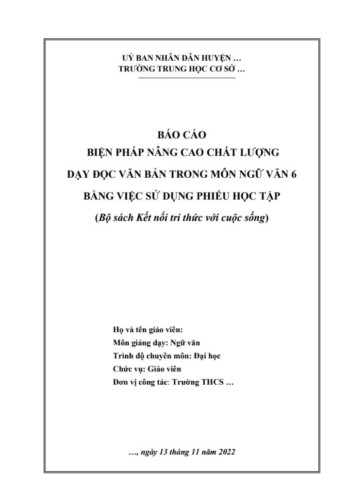 Biện pháp nâng cao chất lượng dạy đọc văn bản trong môn Ngữ văn 6 bằng việc sử dụng phiếu học tập (Bộ sách Kết nối tri thức với cuộc sống)