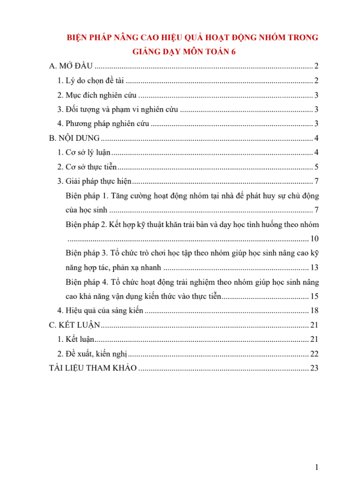 Biện pháp nâng cao hiệu quả hoạt động nhóm trong giảng dạy môn Toán 6 (Đủ 3 bộ sách)