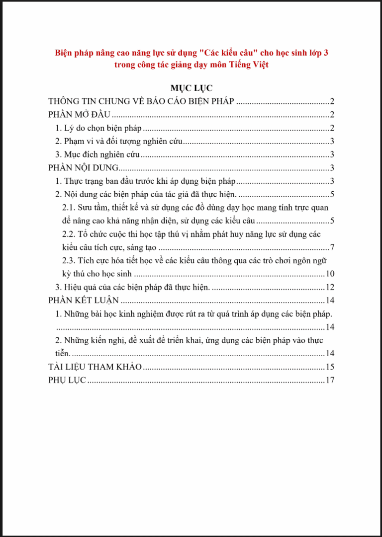 Biện pháp nâng cao năng lực sử dụng “Các kiểu câu” cho học sinh lớp 3 trong công tác giảng dạy môn Tiếng Việt