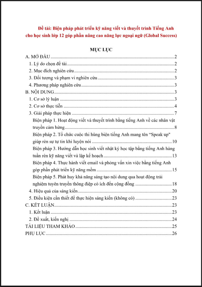 Biện pháp phát triển kỹ năng viết và thuyết trình Tiếng Anh cho học sinh lớp 12 góp phần nâng cao năng lực ngoại ngữ (Global Success)