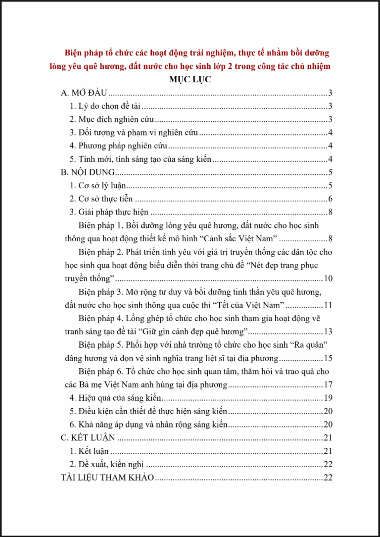 Biện pháp tổ chức các hoạt động trải nghiệm, thực tế nhằm bồi dưỡng lòng yêu quê hương, đất nước cho học sinh lớp 2 trong công tác chủ nhiệm (đủ 3 bộ sách)
