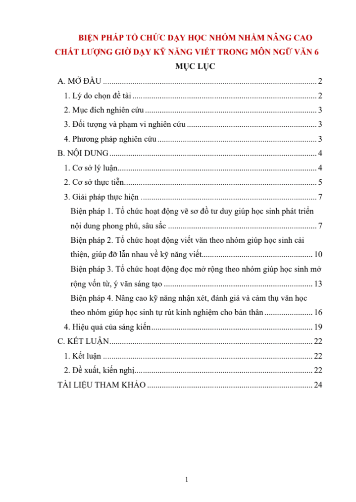Biện pháp tổ chức dạy học nhóm nhằm nâng cao chất lượng giờ dạy kỹ năng viết trong môn Ngữ văn 6 (Đủ 3 bộ sách)