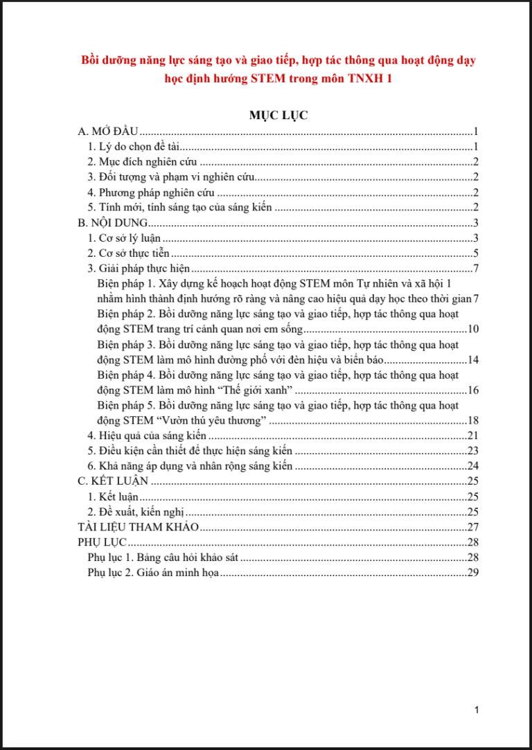 Bồi dưỡng năng lực sáng tạo và giao tiếp, hợp tác thông qua hoạt động dạy học định hướng STEM trong môn TNXH 1 (đủ 3 bộ sách)
