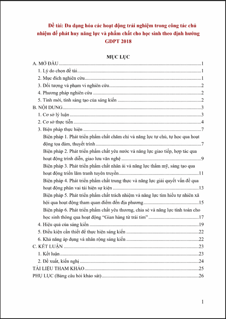 Đa dạng hóa các hoạt động trải nghiệm trong công tác chủ nhiệm để phát huy năng lực và phẩm chất cho học sinh theo định hướng GDPT 2018