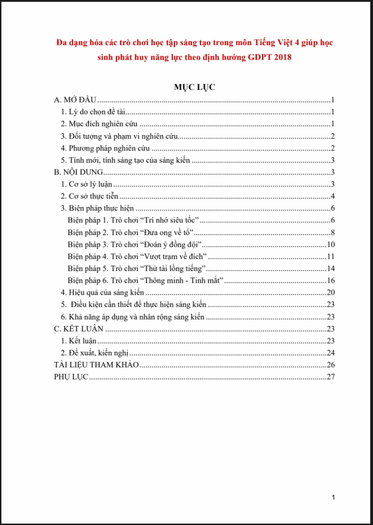 Đa dạng hóa các trò chơi học tập sáng tạo trong môn Tiếng Việt 4 giúp học sinh phát huy năng lực theo định hướng GDPT 2018