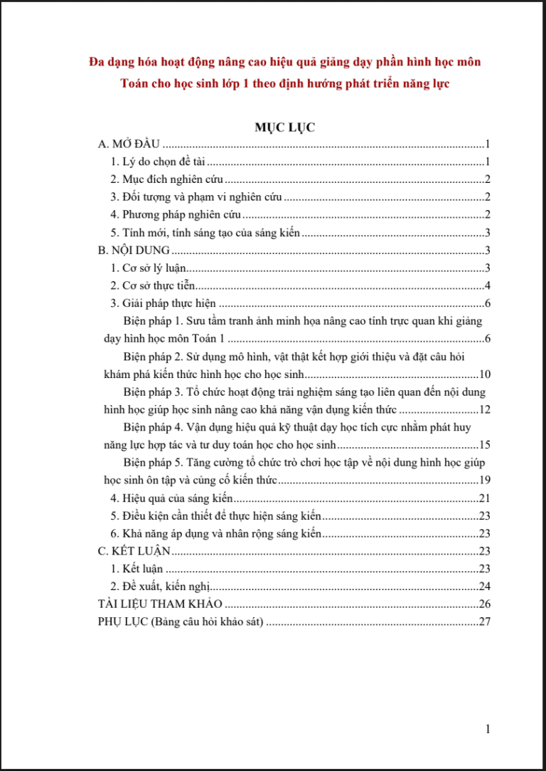 Đa dạng hóa hoạt động nâng cao hiệu quả giảng dạy phần hình học môn Toán cho học sinh lớp 1 theo định hướng phát triển năng lực