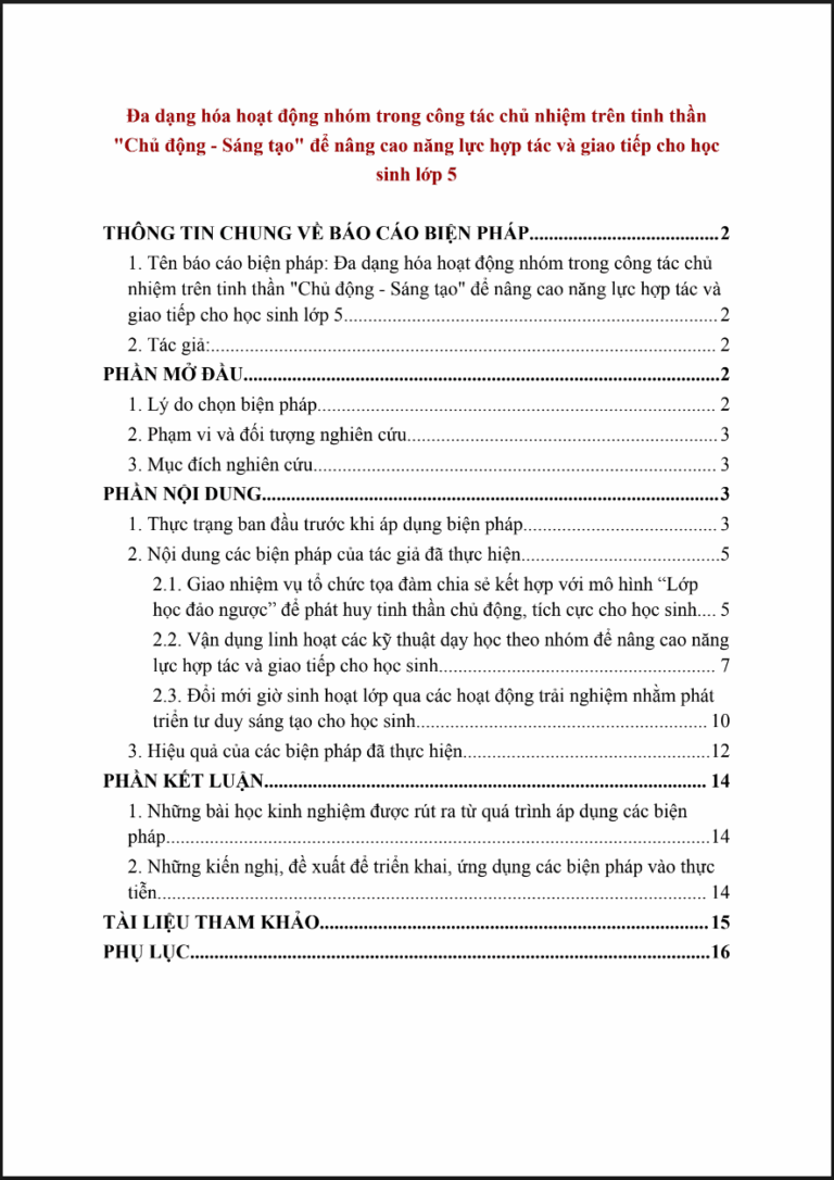 Đa dạng hóa hoạt động nhóm trong công tác chủ nhiệm trên tinh thần “Chủ động – Sáng tạo” để nâng cao năng lực hợp tác và giao tiếp cho học sinh lớp 5