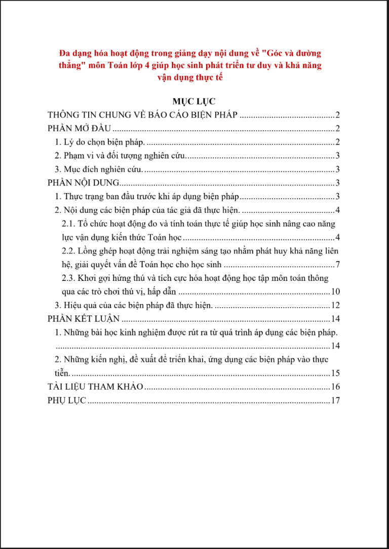 Đa dạng hóa hoạt động trong giảng dạy nội dung về “Góc và đường thẳng” môn Toán lớp 4 giúp học sinh phát triển tư duy và khả năng vận dụng thực tế