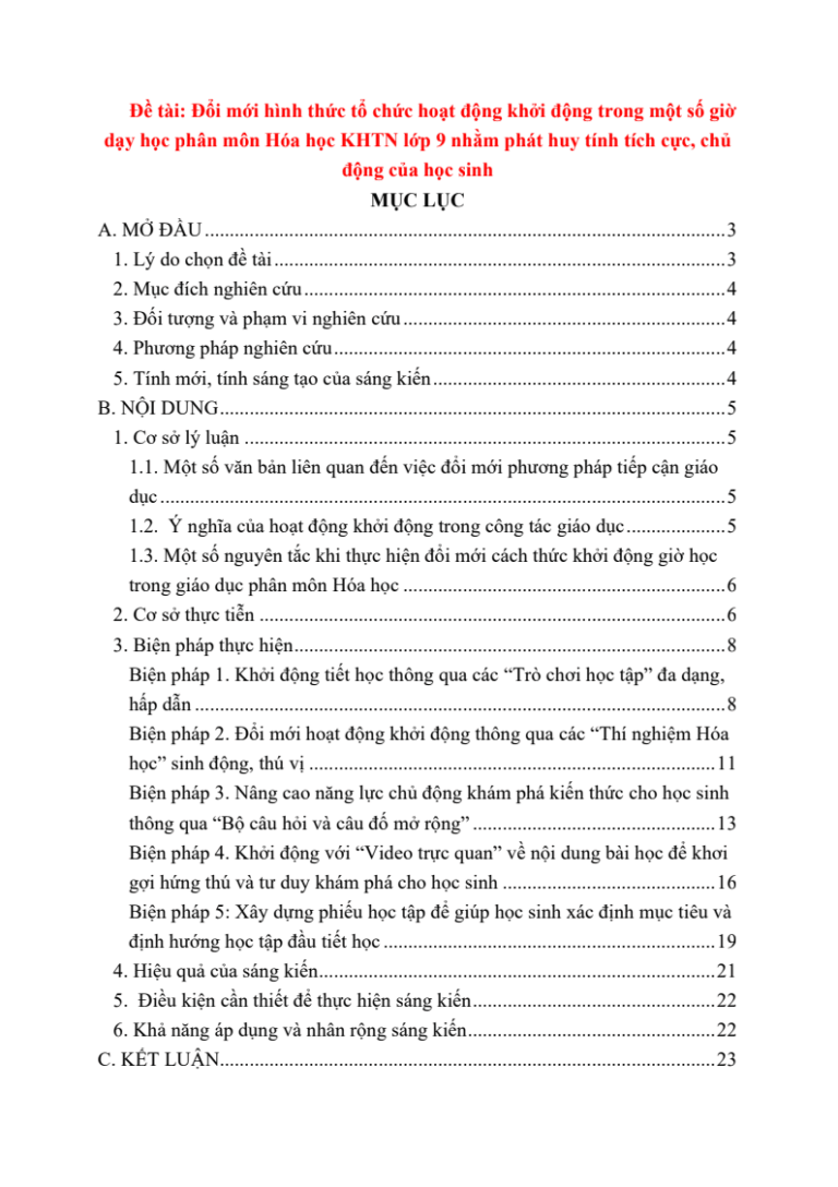 Đổi mới hình thức tổ chức hoạt động khởi động trong một số giờ dạy học phân môn Hóa học KHTN lớp 9 nhằm phát huy tính tích cực, chủ động của học sinh