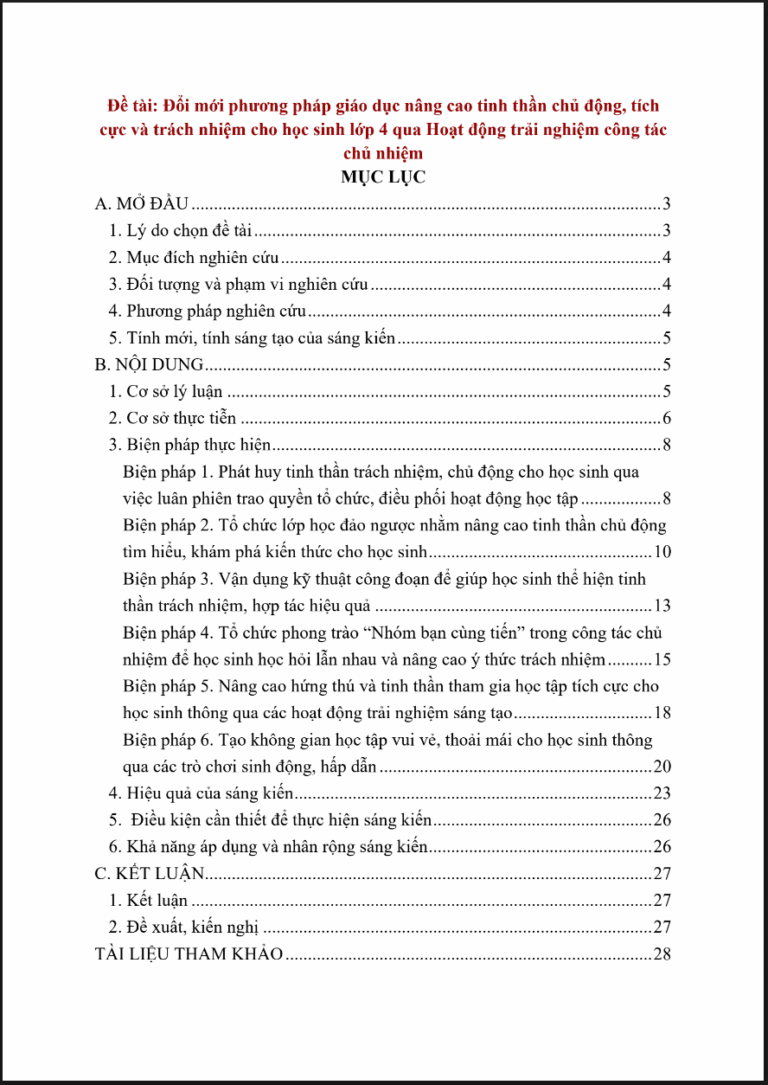 Đổi mới phương pháp giáo dục nâng cao tinh thần chủ động, tích cực và trách nhiệm cho học sinh lớp 4 qua Hoạt động trải nghiệm công tác chủ nhiệm (đủ 3 bộ sách)