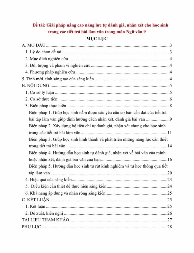 Giải pháp nâng cao năng lực tự đánh giá, nhận xét cho học sinh trong các tiết trả bài làm văn trong môn Ngữ văn 9