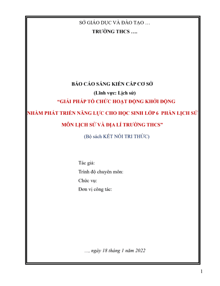 Giải pháp tổ chức hoạt động khởi động nhằm phát triển năng lực cho học sinh lớp 6 phần Lịch sử môn Lịch sử và Địa Lí (KNTT)