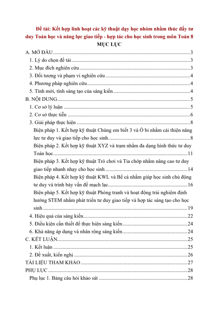 Kết hợp linh hoạt các kỹ thuật dạy học nhóm nhằm thúc đẩy tư duy Toán học và năng lực giao tiếp – hợp tác cho học sinh trong môn Toán 8