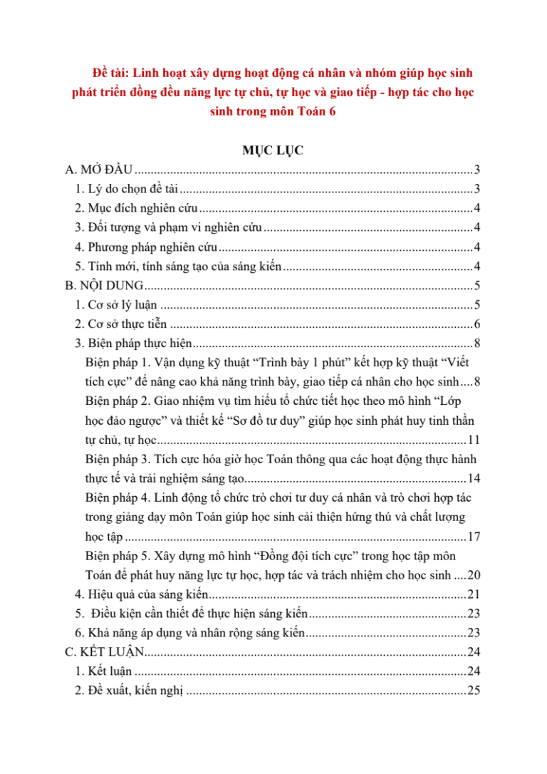Linh hoạt xây dựng hoạt động cá nhân và nhóm giúp học sinh phát triển đồng đều năng lực tự chủ, tự học và giao tiếp – hợp tác cho học sinh trong môn Toán 6