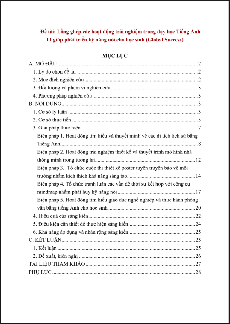 Lồng ghép các hoạt động trải nghiệm trong dạy học Tiếng Anh 11 giúp phát triển kỹ năng nói cho học sinh (Global Success)