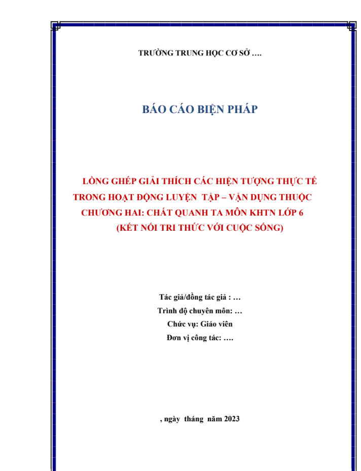 Lồng ghép giải thích các hiện tượng thực tế trong hoạt động luyện tập – vận dụng thuộc chương hai chất quanh ta môn KHTN lớp 6