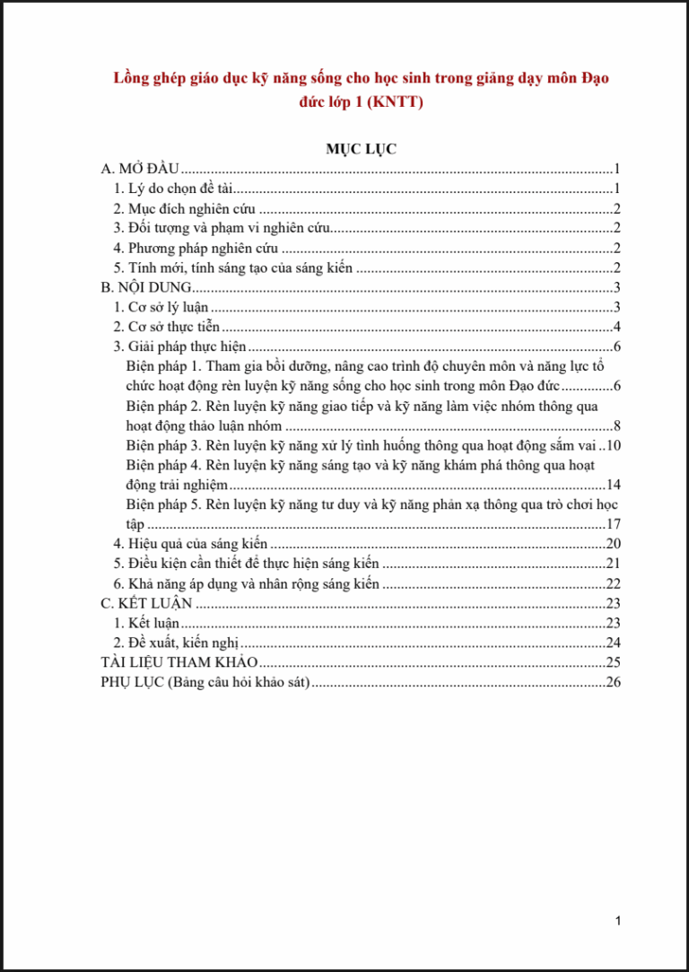Lồng ghép giáo dục kỹ năng sống cho học sinh trong giảng dạy môn Đạo đức lớp 1 (đủ 3 bộ sách)