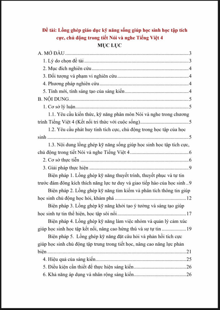 Lồng ghép giáo dục kỹ năng sống giúp học sinh học tập tích cực, chủ động trong tiết Nói và nghe Tiếng Việt 4