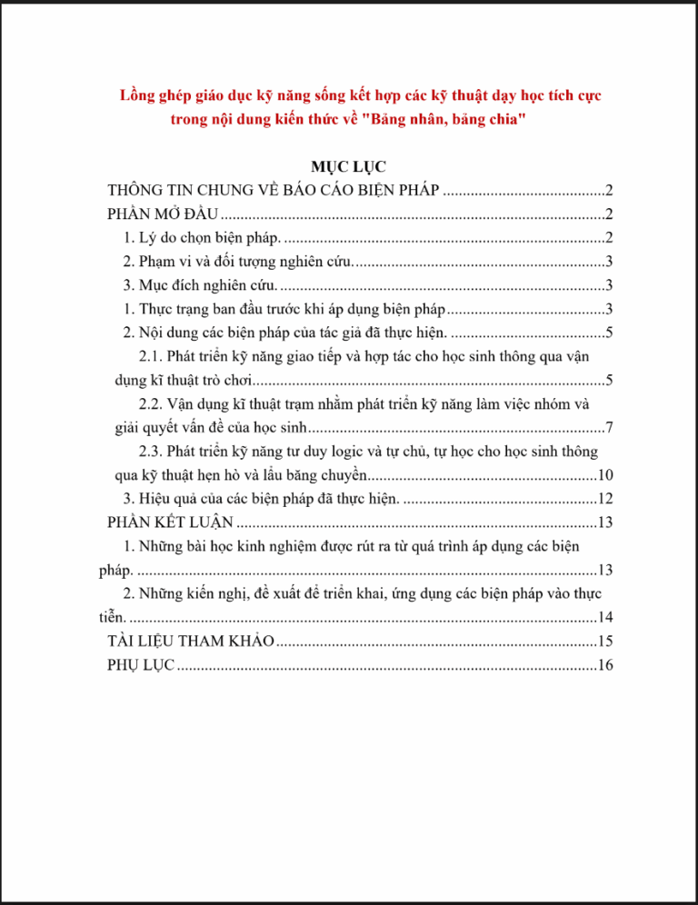 Lồng ghép giáo dục kỹ năng sống kết hợp các kỹ thuật dạy học tích cực trong nội dung kiến thức về “Bảng nhân, bảng chia” toán 3