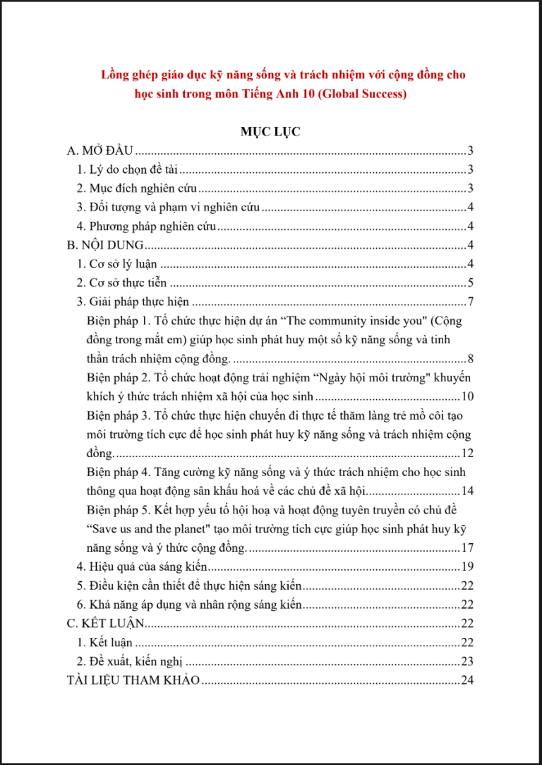 Lồng ghép giáo dục kỹ năng sống và trách nhiệm với cộng dồng cho học sinh trong môn Tiếng Anh 10 Global Success