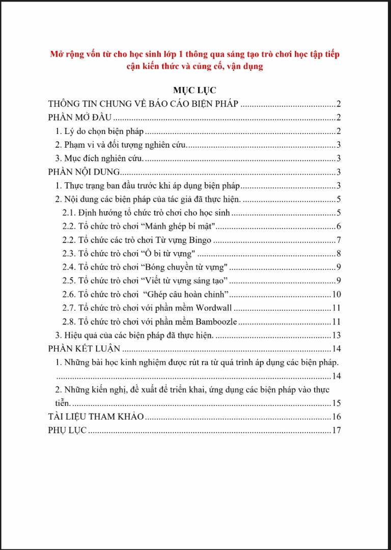 Mở rộng vốn từ cho học sinh lớp 1 thông qua sáng tạo trò chơi học tập tiếp cận kiến thức và củng cố, vận dụng