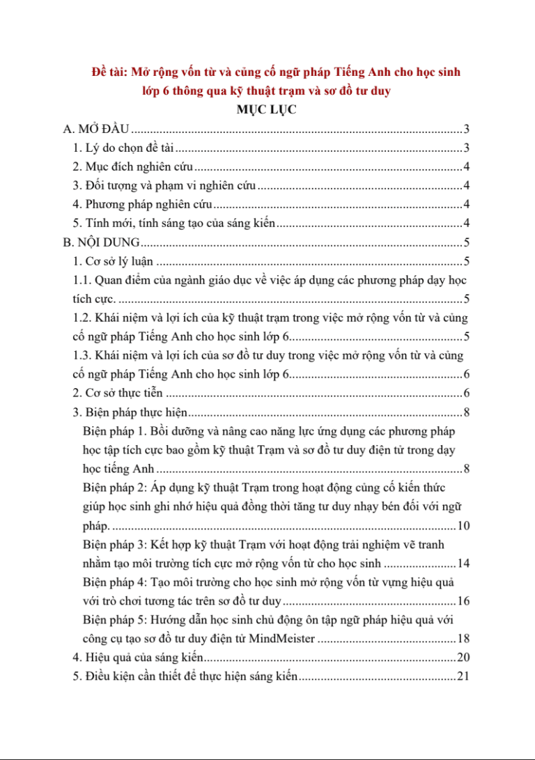 Mở rộng vốn từ và củng cố ngữ pháp Tiếng Anh cho học sinh lớp 6 thông qua kỹ thuật trạm và sơ đồ tư duy điện tử (Global success/I-learn smart world/Friend plus)