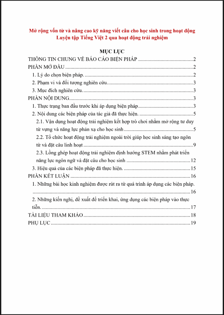 Mở rộng vốn từ và nâng cao kỹ năng viết câu cho học sinh trong hoạt động Luyện tập Tiếng Việt 2 qua hoạt động trải nghiệm