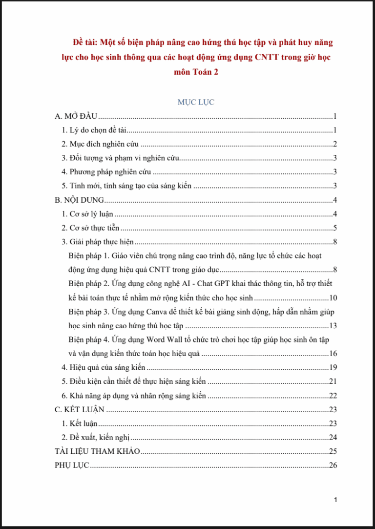 Một số biện pháp nâng cao hứng thú học tập và phát huy năng lực cho học sinh thông qua các hoạt động ứng dụng CNTT trong giờ học môn Toán 2