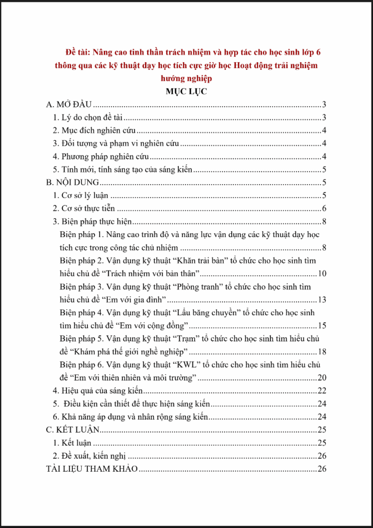 Nâng cao tinh thần trách nhiệm và hợp tác cho học sinh lớp 6 thông qua các kỹ thuật dạy học tích cực giờ học Hoạt động trải nghiệm (đủ 3 bộ sách)