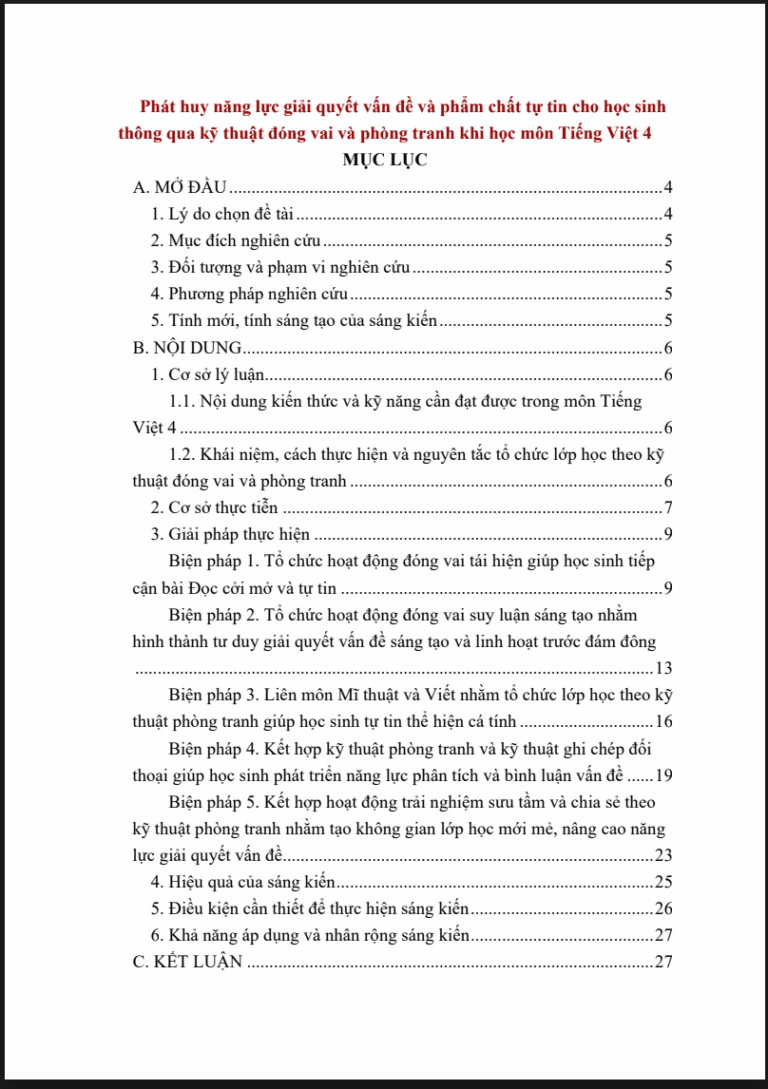 Phát huy năng lực giải quyết vấn đề và phẩm chất tự tin cho học sinh thông qua kỹ thuật đóng vai và phòng tranh khi học môn Tiếng Việt 4