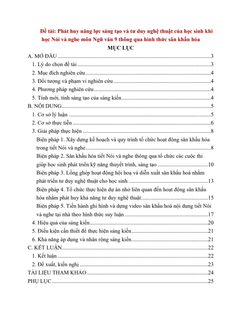 Phát huy năng lực sáng tạo và tư duy nghệ thuật của học sinh khi học Nói và nghe môn Ngữ văn 9 thông qua hình thức sân khấu hóa