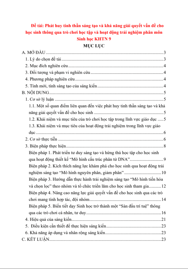Phát huy tinh thần sáng tạo và khả năng giải quyết vấn đề cho học sinh thông qua hoạt động trải nghiệm và trò chơi học tập phân môn Sinh học KHTN 9