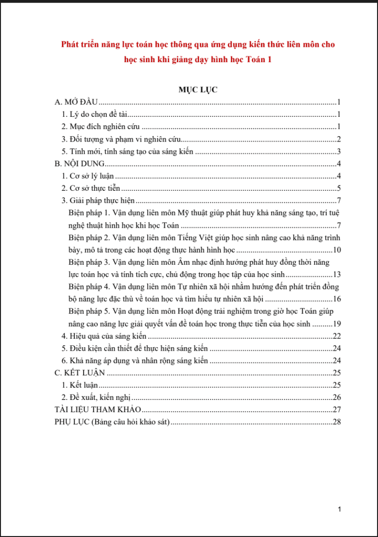 Phát triển năng lực tư duy toán học và ứng dụng kiến thức liên môn cho học sinh khi giảng dạy hình học Toán 1 (đủ 3 bộ sách)