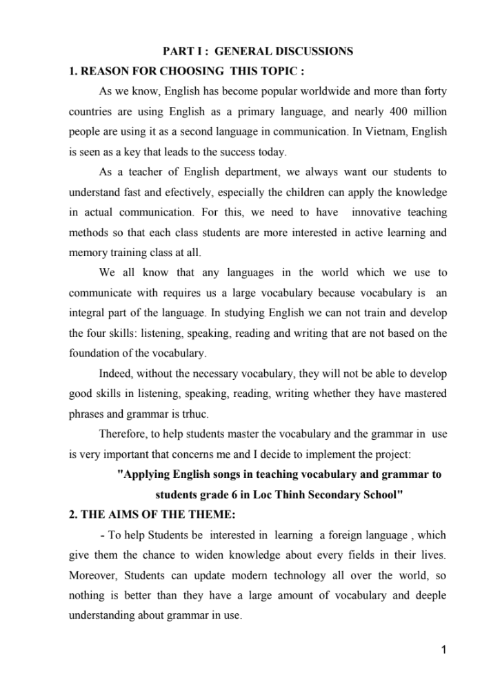 SKKN Applying English songs in teaching vocabulary and grammar to students grade 6