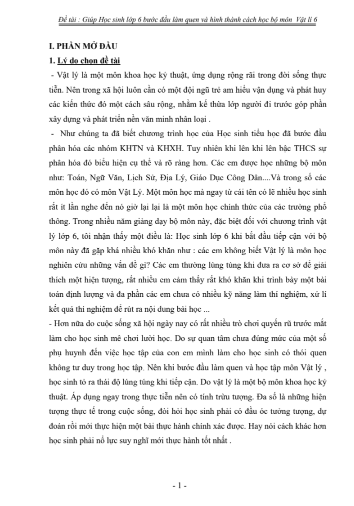 SKKN Giúp Học sinh lớp 6 bước đầu làm quen và hình thành cách học bộ môn Vật lí 6