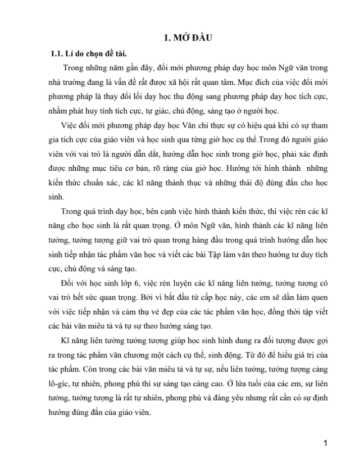 SKKN Kĩ năng liên tưởng và tưởng tượng trong việc dạy học môn Ngữ Văn 6