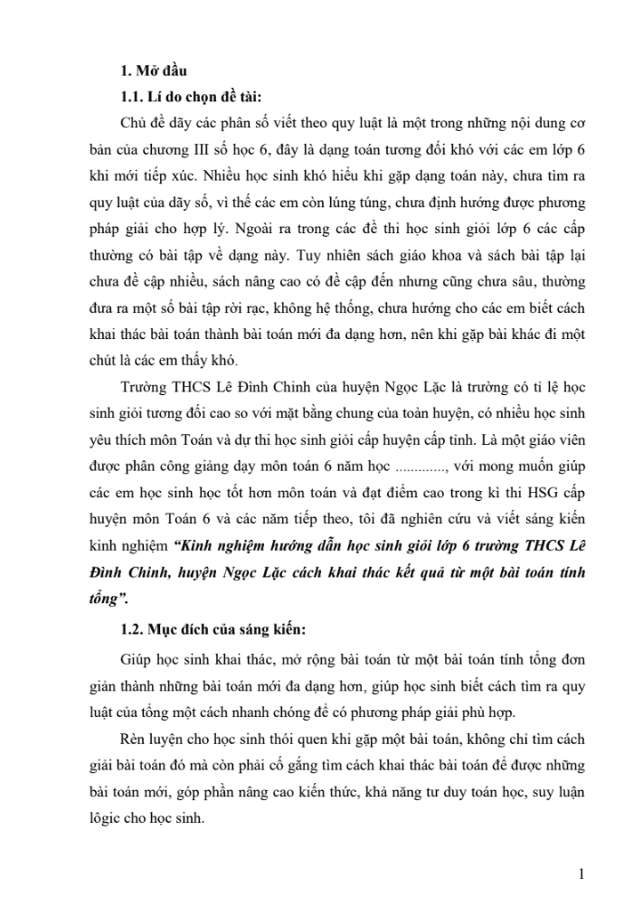 SKKN Kinh nghiệm hướng dẫn học sinh giỏi lớp 6 trường THCS Lê Đình Chinh, huyện Ngọc Lặc cách khai thác kết quả từ một bài toán tính tổng