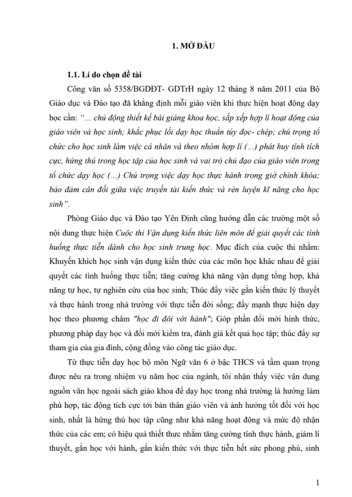 SKKN Liên hệ nguồn ngữ liệu văn học ngoài sách giáo khoa để dạy học sinh động môn Ngữ văn 6, tập một
