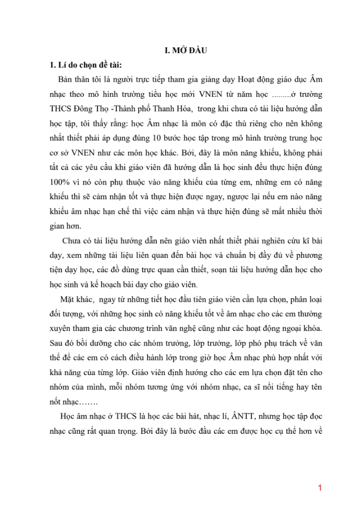 SKKN Một số phương pháp để học sinh học tốt phân môn Tập đọc nhạc ở lớp 6 theo mô hình trường Trung học mới VNEN