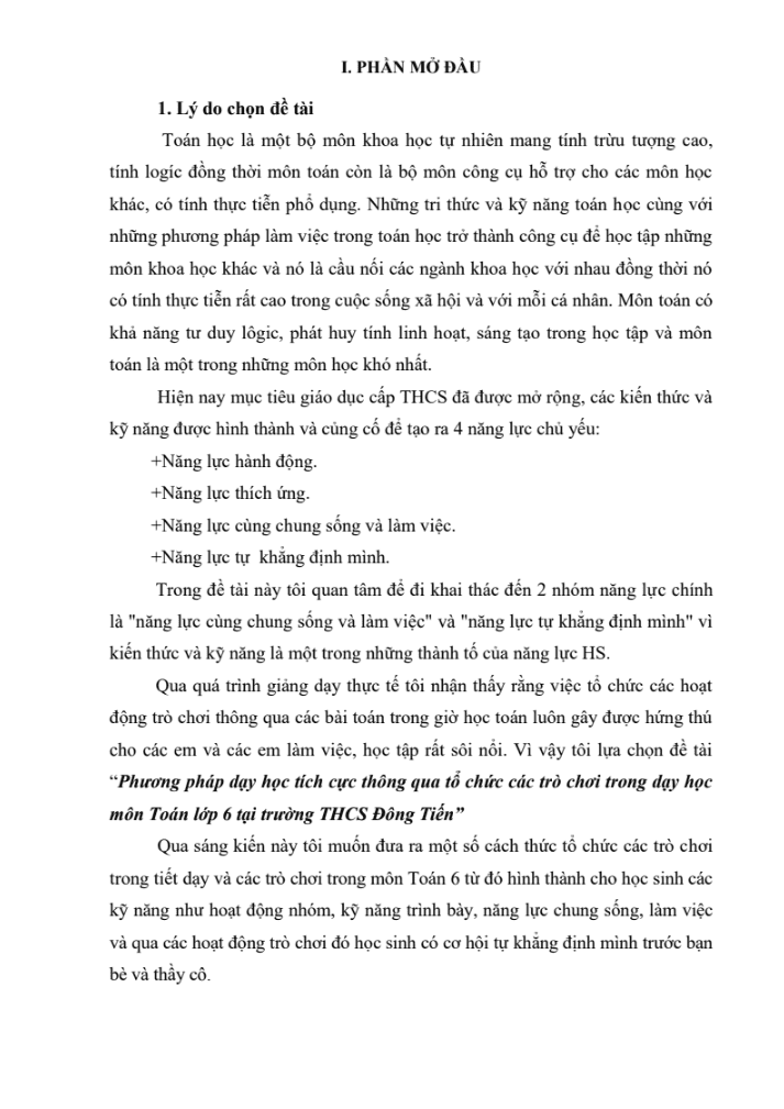 SKKN Phương pháp dạy học tích cực thông qua tổ chức các trò chơi trong dạy học môn Toán lớp 6