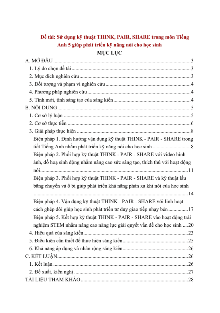 Sử dụng kỹ thuật THINK, PAIR, SHARE kết hợp với dạy học dự án trong môn Tiếng Anh 5 giúp phát triển kỹ năng nói cho học sinh ( Sách Global/Smart start/Family&friend)