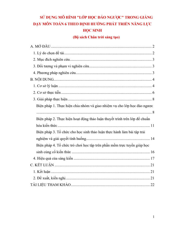 Sử dụng mô hình “Lớp học đảo ngược” trong giảng dạy môn Toán 6 theo định hướng phát triển năng lực học sinh (Đủ 3 bộ sách)