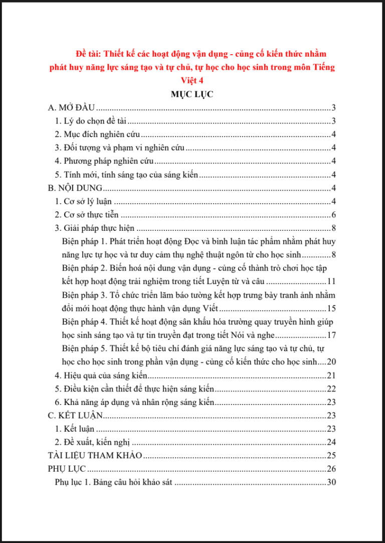 Thiết kế các hoạt động vận dụng – củng cố kiến thức nhằm phát huy năng lực sáng tạo và tự chủ, tự học cho học sinh trong môn Tiếng Việt 4