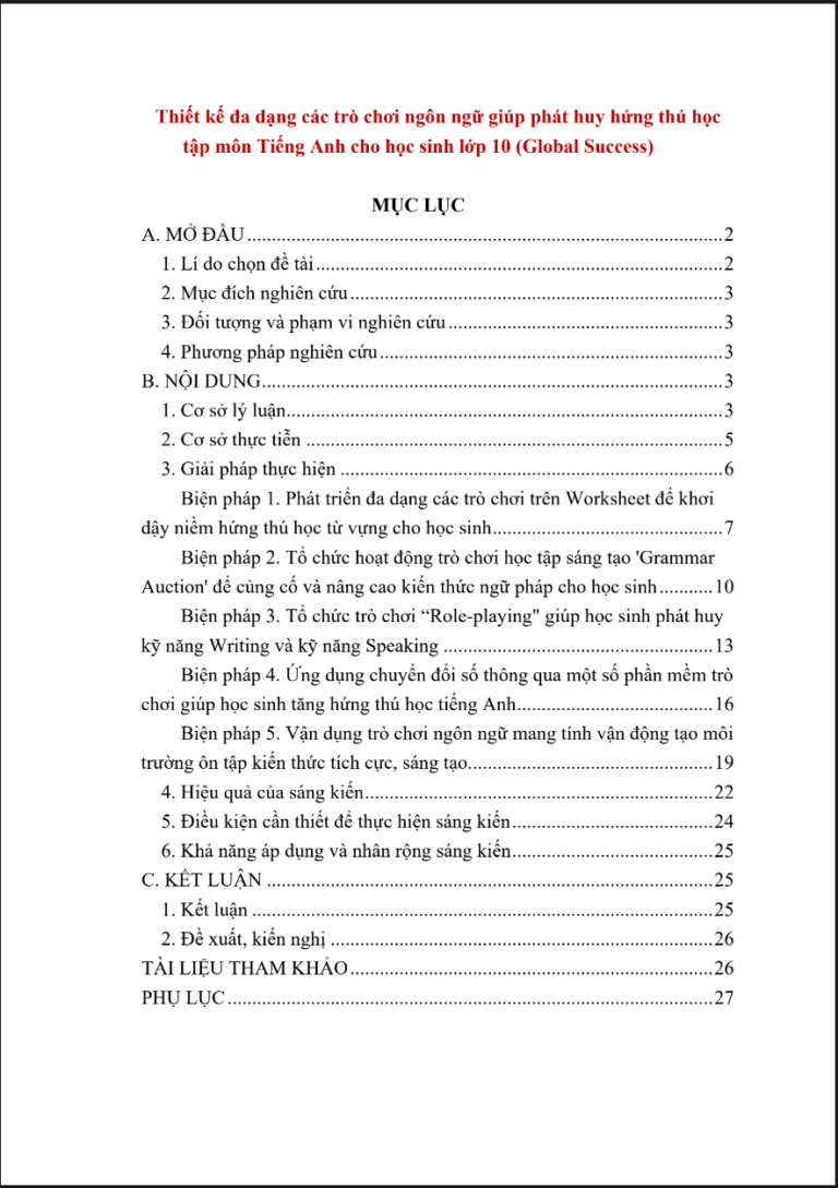 Thiết kế đa dạng các trò chơi ngôn ngữ giúp phát huy hứng thú học tập môn Tiếng Anh cho học sinh lớp 10 (Global Success)
