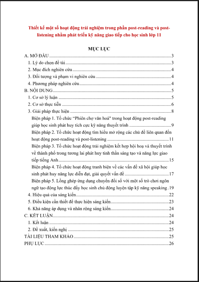 Thiết kế một số hoạt động trải nghiệm trong phần post-reading và post-listening nhằm phát triển kỹ năng giao tiếp cho học sinh lớp 11 (Global Success)