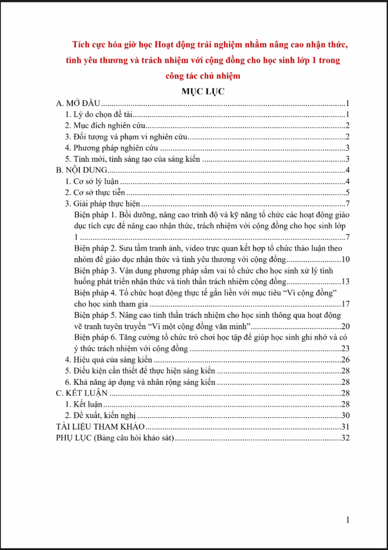 Tích cực hóa giờ học Hoạt động trải nghiệm nhằm nâng cao nhận thức, tình yêu thương và trách nhiệm với cộng đồng cho học sinh lớp 1 trong công tác chủ nhiệm (đủ 3 bộ sách)