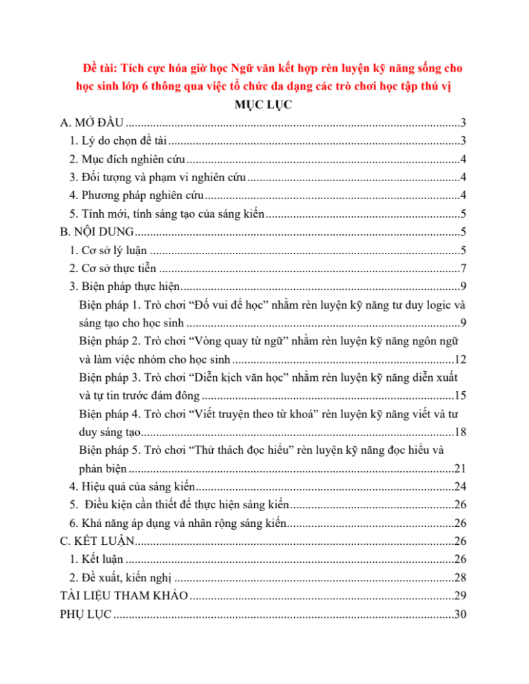 Tích cực hóa giờ học Ngữ văn kết hợp rèn luyện kỹ năng sống cho học sinh lớp 6 thông qua việc tổ chức đa dạng các trò chơi học tập thú vị
