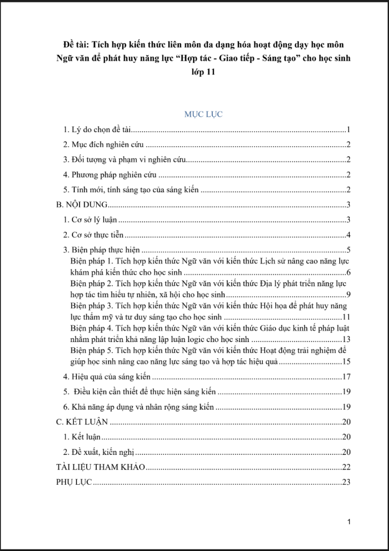 Tích hợp kiến thức liên môn đa dạng hóa hoạt động dạy học môn Ngữ văn để phát huy năng lực “Hợp tác – Giao tiếp – Sáng tạo” cho học sinh lớp 11